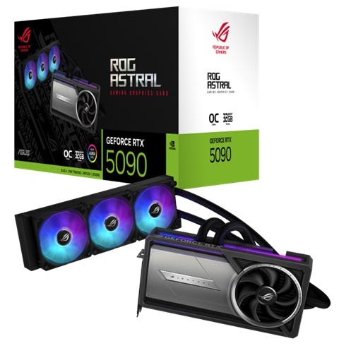 Asus ROG-ASTRAL-LC-RTX5090-O32G-GAMING, Nvidia GeForce RTX 5090 OC Edition, 32GB GDDR7, Core Clock: 2610MHz, Cuda Core: 21760, 2xHDMI, 3xDP, PSU: 1000W, PCIe5.0, 3 Year Warranty
