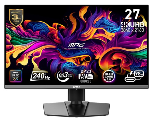MSI MPG 272URX QD-OLED, 4K UHD QD-OLED Gaming Monitor, 3840x2160, 16:9, 0.03ms, 240Hz, Adaptive Sync, 2xHDMI, 1xDP, 1x USB-C (DP Alt Mode/98W PD), USB-C(98W),2.1, 2x USB-A, 1x USB-B, VESA, Height Adjustable, Pivot, Swivel, Tilt