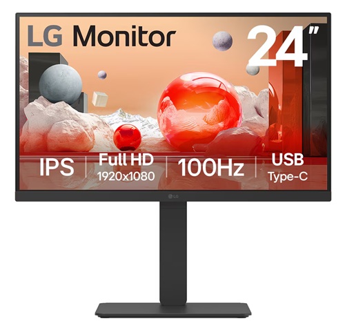 LG 24BA650-B, 24" Full HD LCD Monitor, 1920x1080, 16:9, 5ms, 100Hz, 2xDP, 1xHDMI, 4xUSB-A, 1xUSB-B, 1xUSB-C (65W PD), Speakers, VESA, Height Adjustable, Swivel, Pivot, Tilt