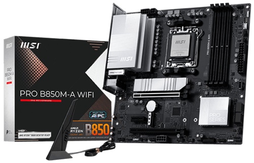 MSI PRO B850M-A WIFI, mATX, AMD AM5, 4xDDR5, 2xM.2, 4xSATA 6G, RAID, 2xPCIe, 1xHDMI, 1xDP, GbE LAN, Wi-Fi 7+Bluetooth, 2xUSB-C, 6xUSB-A, 3 Year Warranty