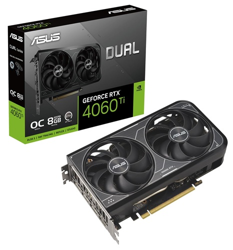 Asus DUAL-RTX4060TI-O8G-V2, Nvidia GeForce RTX 4060 Ti V2 8G OC, 8GB GDDR6, Core Clock: 2595MHz, Cuda Core: 4352 ,1xHDMI, 3xDP, PSU: 650W, PCIe4.0, 3 Year Warranty