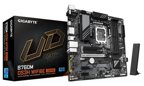 Gigabyte GA-B760M DS3H WF6E GEN5, Micro ATX, Intel LGA 1700, 4xDDR5, 2xM.2, 4xSATA 6Gb/s, RAID, 3xPCIe, GbE LAN, Wireless AX+Bluetooth, 1xUSB-C, 2xUSB2.0, 3xUSB3.2, 3 Year Warranty