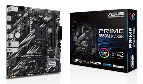 Asus PRIME-B550M-K-ARGB, Micro ATX, AMD AM4, 2xDDR4, 2xM.2, 4xSATA, RAID, 1xPCIe 4.0, 1xHDMI, 1xDP, Realtek 1Gb Ethernet, 4x USB3.2, 2xUSB2.0, 3 Year Warranty