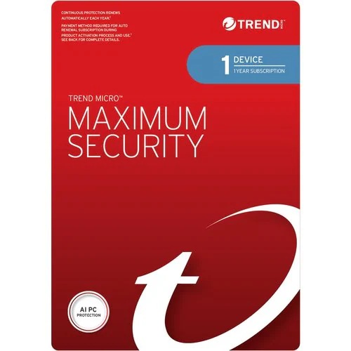 Trend Micro TICEWWMFXSCWEW, Micro Maximum Security, 1 Device, 1 Year Subscription - Auto Renew, For Mac, PC, Android & iOS