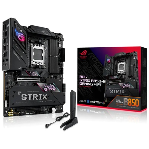 ASUS AMD ROG STRIX B850-E GAMING WIFI, ATX, AMD AM5, 4xDDR5, 5xM.2, 4xSATA, RAID, 1xPCIe, 1xHDMI, 1xDP, Realtek 5Gb Ethernet, Wi-Fi 7+Bluetooth, 2xUSB-C, 6xUSB-A, 4xUSB2.0, 3 Year Warranty