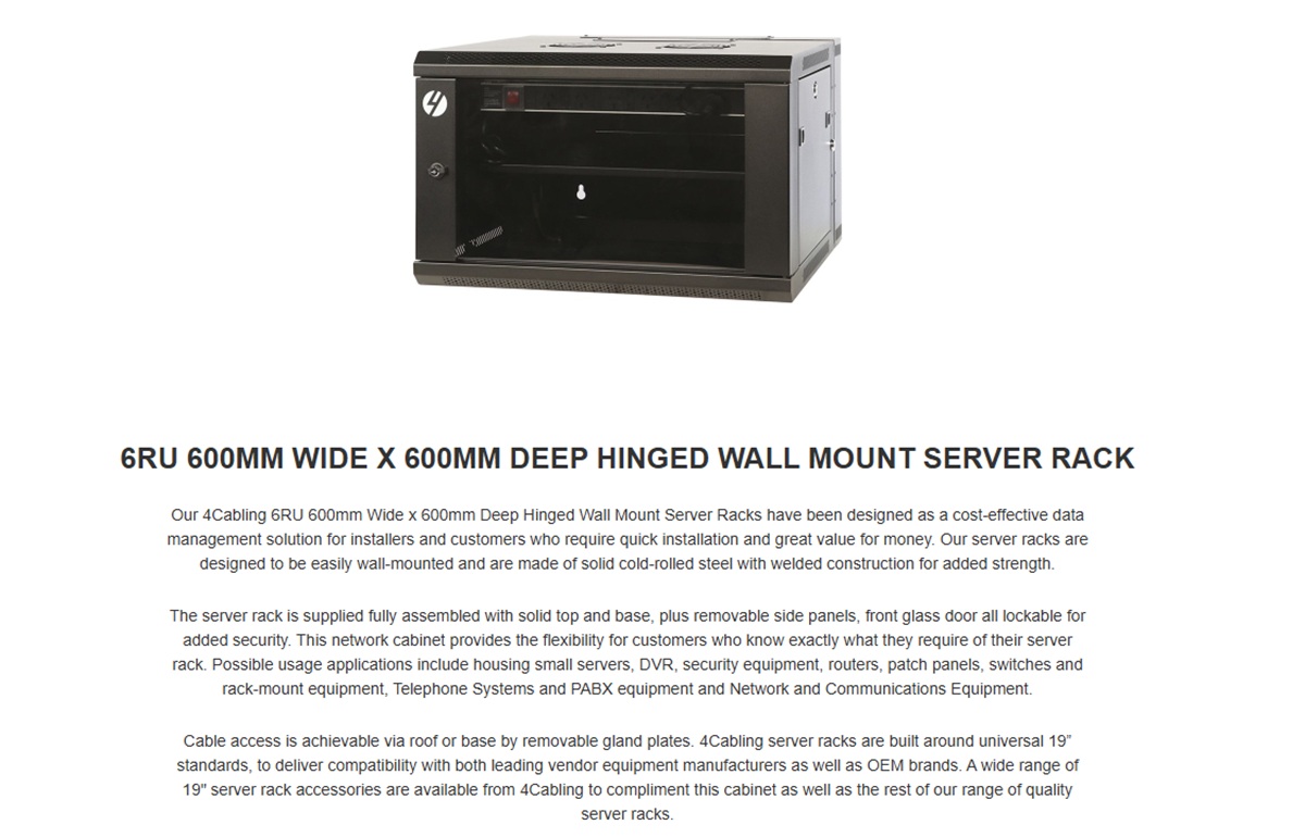 6005 Rack 4Cabling 002.013.0655, 6RU, 600mm Wide x 600mm Deep Hinged Wall Mount ...