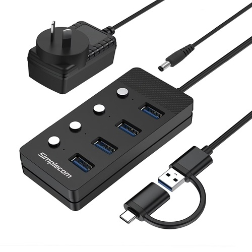 Simplecom CH345C SuperSpeed USB-A and USB-C to 4-Port USB 3.0 Hub 5Gbps Individual Switches and Power Adapter, 1 Year Warranty