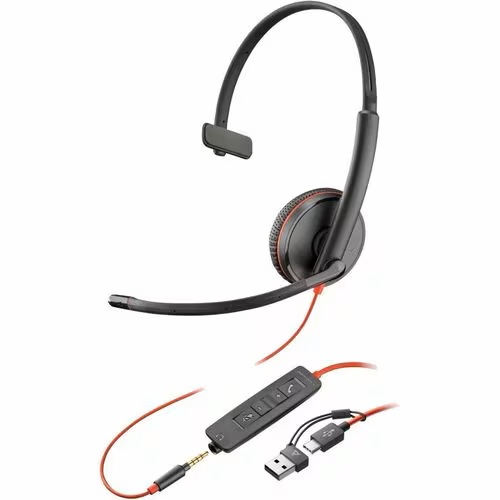 HP 8X227A6, Poly Blackwire 3215 Monaural USB-C Headset +3.5mm Plug +USB-C/A Adapter (Bulk), 2 Year Warranty