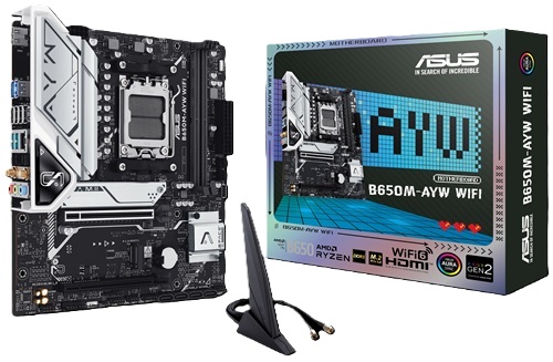 Asus B650M-AYW WIFI, Micro ATX, AMD AM5, 2xDDR5, 2xM.2, 4xSATA 6Gb/s, RAID, 1xHDMI, GbE LAN, Wireless AX+Bluetooth, 8xUSB-A, 3 Year Warranty