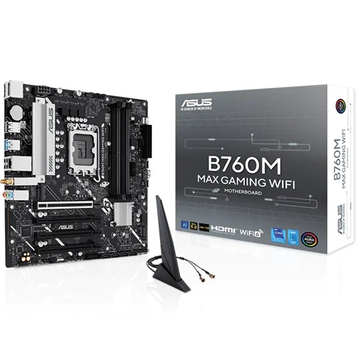 ASUS B760M MAX GAMING WIFI, Micro ATX, Intel LGA1700, 4xDDR5, 3x M.2, 4xSATA 6Gb/s, RAID, 4xPCIe, 1xHDMI, 1xDP, GbE LAN, Wireless AX+Bluetooth, 2xUSB-C, 6xUSB-A, 3  Year Warranty