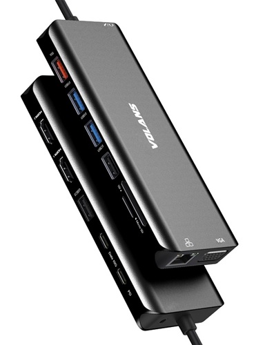 Volans VL-UCTDMH-S2, 14-in-1 USB-C Hub Compact Dock with 100W Power Delivery, Triple Display Support, 2xHDMI 2.0 (1x4K 60Hz, 1x4K 30Hz), 1xVGA, 3xUSB-C, 4xUSB-A, 3.5mm Combo Jack, GbE, SD/MicroSD Reader, 1 Year Warranty