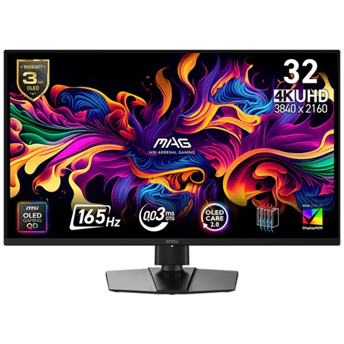 MSI MAG 322UP QD-OLED E16, 32" 4K UHD OLED Gaming Monitor, 3840x2160, 16:9, 0.03ms, 165Hz, Free Sync, 2xHDMI, 1xDP, 1x USB-C (DP Alt Mode/15W PD), VESA, Height Adjustable, Swivel, Pivot, Tilt, 3 Year Warranty