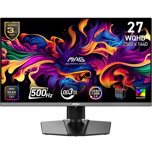 MSI MAG 272QP QD-OLED X50, 26.5" QHD QD-OLED Gaming Monitor, 2560x1440, 16:9, 0.03ms, 500Hz, Adaptive Sync, 2xHDMI, 1xDP, 1xUSB-C (DP Alt Mode/15W PD), VESA, Height Adjustable, Swivel, Pivot, Tilt