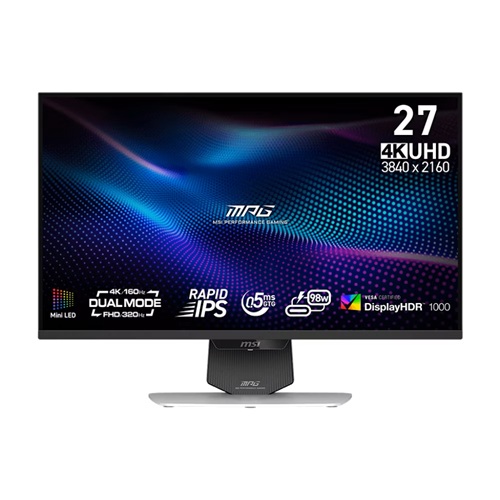 MSI MPG 274URDFW E16M, 27" 4K UHD Rapid IPS Gaming Monitor, 3840x2160, 16:9, 0.5ms, 320Hz, Adaptive Sync, 2xHDMI, 1xDP, 1xUSB-C (DP Alt Mode/98W PD), VESA, Height Adjustable, Swivel, Pivot, Tilt, 3 Year Warranty