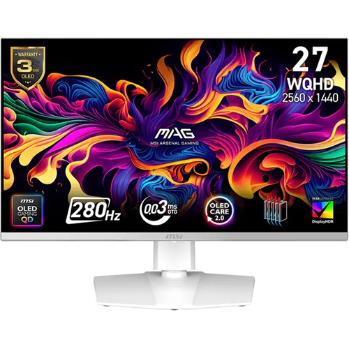 MSI MAG 272QPW QD-OLED X28, 26.5" QHD QD-OLED Gaming Monitor, 2560x1440, 16:9, 0.03ms, 280Hz, Adaptive Sync, 2xHDMI, 1xDP, 1xUSB-C (DP Alt Mode/15W PD), VESA, Height Adjustable, Swivel, Pivot, Tilt