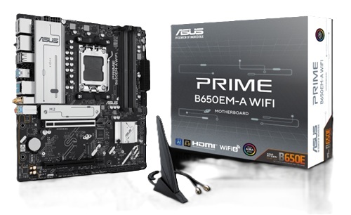 Asus PRIME B650EM-A WIFI, Micro ATX, AMD AM5, 4xDDR5, 3xM.2, 4xSATA 6Gb/s, RAID, 3xPCIe, 1xHDMI, 2xDP, GbE LAN, Wireless AX+Bluetooth, 8xUSB-A, 1xUSB-C, 3 Year Warranty