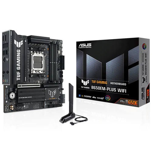 Asus TUF GAMING B650EM-PLUS WIFI, Micro-ATX, AMD AM5, 4xDDR5, 3xM.2, 4xSATA 6Gb/s, RAID, 3xPCIe, 1xHDMI, 1xDP, LAN, Wireless AX+Bluetooth, 1xUSB-C, 7xUSB-A, 3 Year Warranty