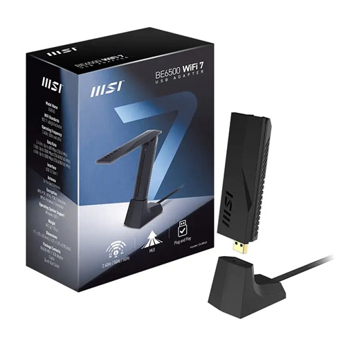 MSI GUBE65, BE6500 Wi-Fi 7 Tri-Band USB Adapter, WiFi 7/6/5/4/802.11g/802.11b/802.11a, WiFi Speed: 2.4GHz BE: 2x2(Tx/Rx) up to 688Mbps, 5GHz BE: 2x2(Tx/Rx) up to 2880 Mbps, 6GHz BE: 2x2(Tx/Rx) up to 2880 Mbps, Security: WPA-PSK, WPA2-PSK/Enterprise, WPA3-