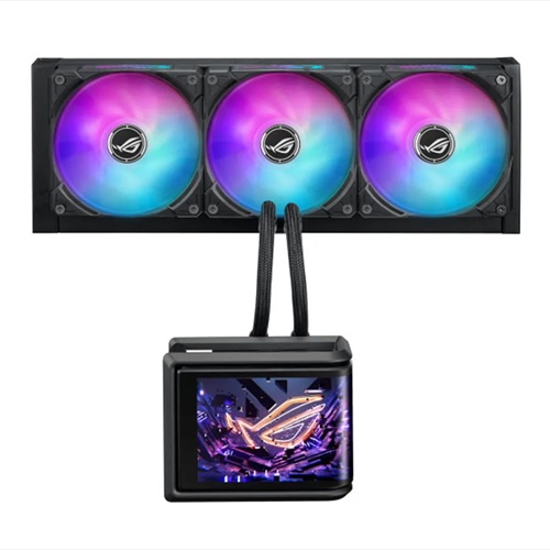 Asus ROG Ryuo IV SLC 360 ARGB, Liquid CPU Cooler, Fan: 3x120mm ROG RYUO IV MF-12C ARGB Daisy-chained, 6.67" Curved 2K AMOLED Display, Sliding LCD Panel, Compatible with Intel LGA 1700, 1851, AMD AM5, AM4, 6 Year Warranty