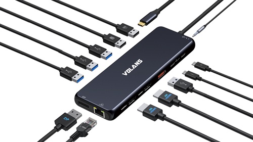 Volans VL-UCH2P(V2), Aluminum 13-in-1 Triple Display USB-C Hub with 100W PD, ABS dock with 2 HDMI2.0 (4K@60/30Hz), DP1.4 4K@60Hz, 4 USB‑A (3×5Gb/s, 1×10Gb/s), 2 USB‑C (100W PD, 10Gb/s), 2 USB2.0, 3.5mm audio, Gigabit RJ45, 1 Year Warranty