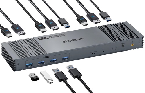 Simplecom KM490, HDMI and DisplayPort Dual Monitor KVM Switch for 2 Computers with 4-Port USB 3.0 Hub 5Gbps 8K@60Hz, 1 Year Warranty