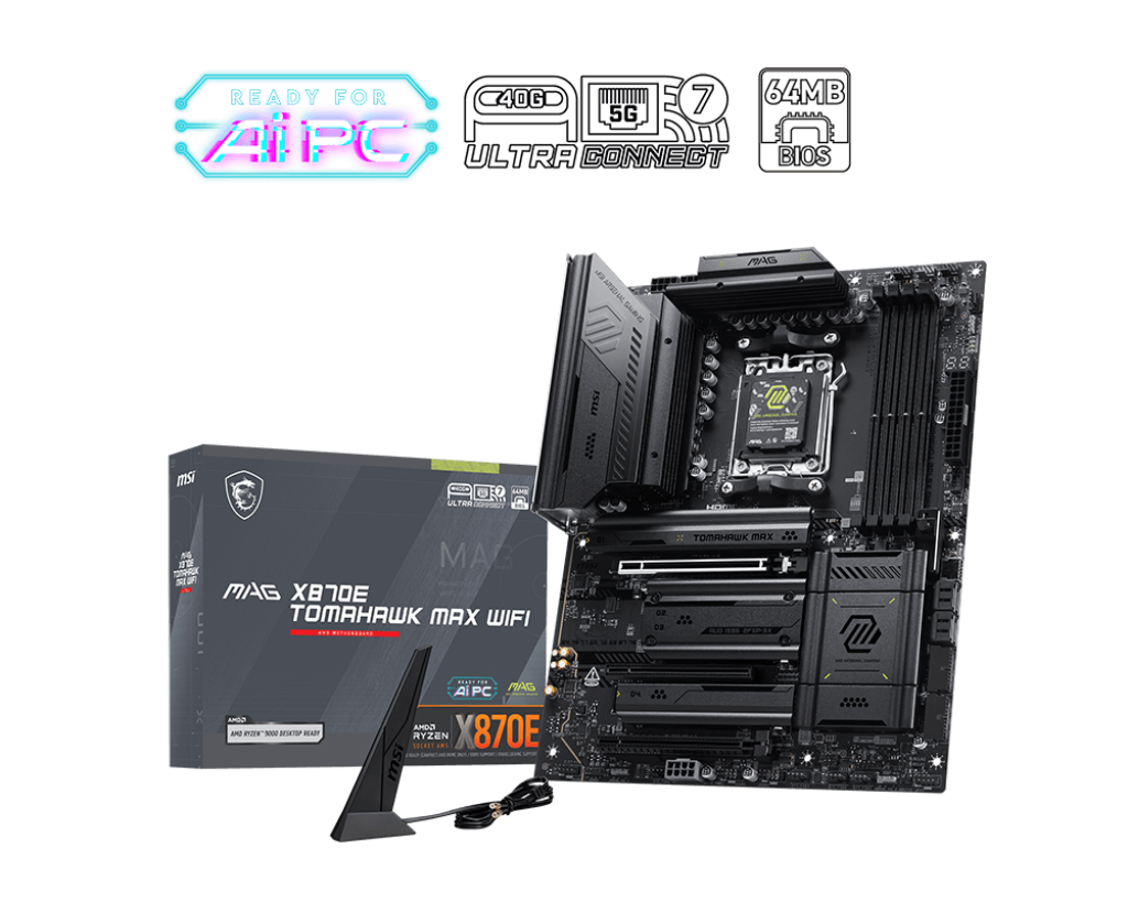 MSI MAG X870E TOMAHAWK MAX WIFI, ATX, AMD AM5, 4xDDR5, 4xM.2, 4xSATA 6Gb/s, RAID, 3xPCIe, 1xHDMI, 2x DP(Type-C), LAN, Wi-Fi 7+Bluetooth, 3xUSB-C, 5xUSB-A, 4xUSB2.0, 3 Year Warranty