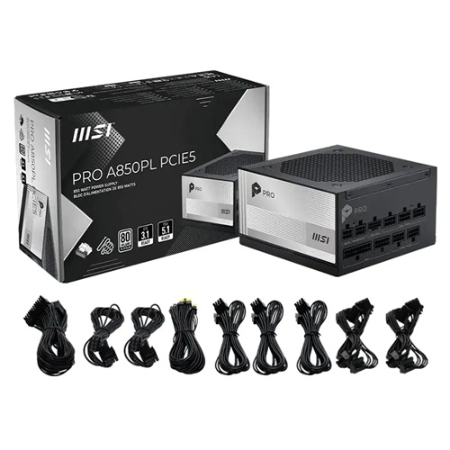 MSI PRO A850PL PCIE5, 850W, 80 Plus Platinum, Fully Modular, Fan: 120mm, ATX, 7 Year Warranty