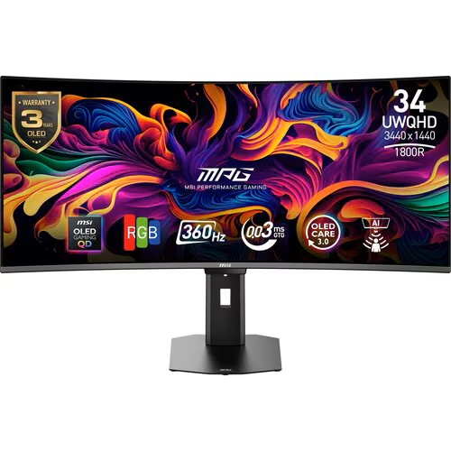 MSI MPG 341CQR QD-OLED X36, 34" UWQHD Curved Gaming Monitor, 3440x1440, 21:9, 0.03ms, 360Hz, Adaptive-Sync, 2xHDMI, 1xDP, 4xUSB, VESA, Height Adjustment, Tilt, Swivel, Pivot