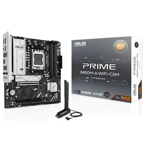 Asus Prime B850M-A WIFI CSM, Micro ATX, AMD AM5, 4xDDR5, 3xM.2, 4xSATA 6Gb/s, RAID, 1xHDMI, 2xDP, 1xPCIe, LAN, Wireless AX+Bluetooth, 8xUSBA, 1xUSB-C, 3 Year Warranty